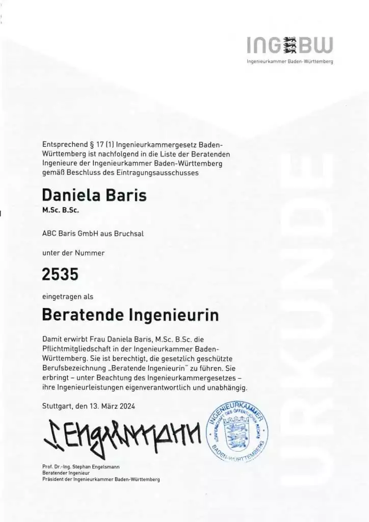 Urkunde: Beratende Ingenieurin