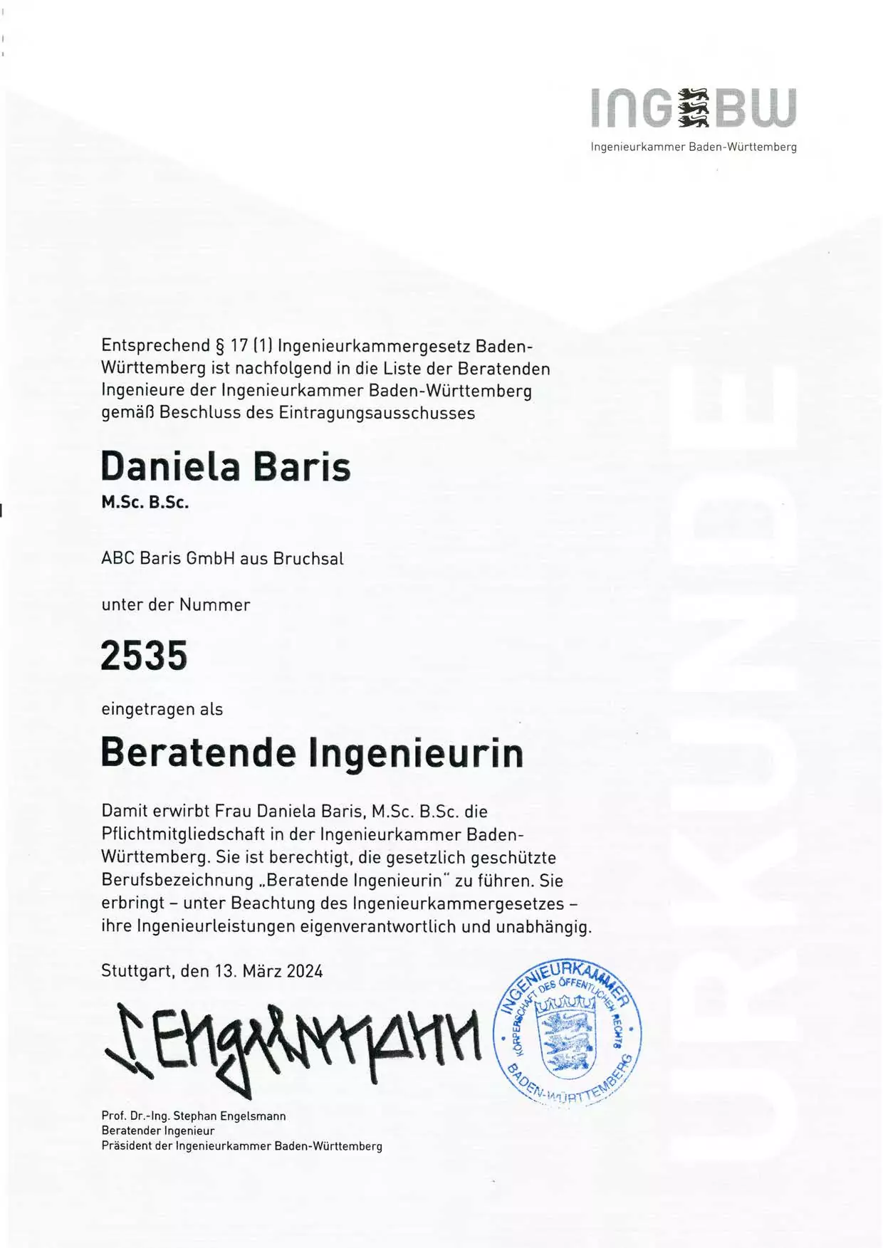 Urkunde beratende Ingenieurin