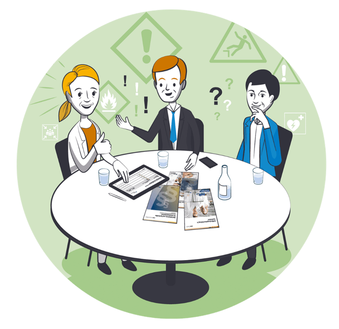 Drei Leute bei einer Besprechung für Arbeitssicherheit im Unternehmen