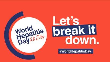 Banner zum Welt-Hepatits-Tag: "Let's break it down" auf rotem Grund