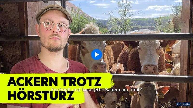 Bauern am Limit: Titelbild des exactly-Beitrags im MDR. Ein ernster Bauer vor Kühen im Stall